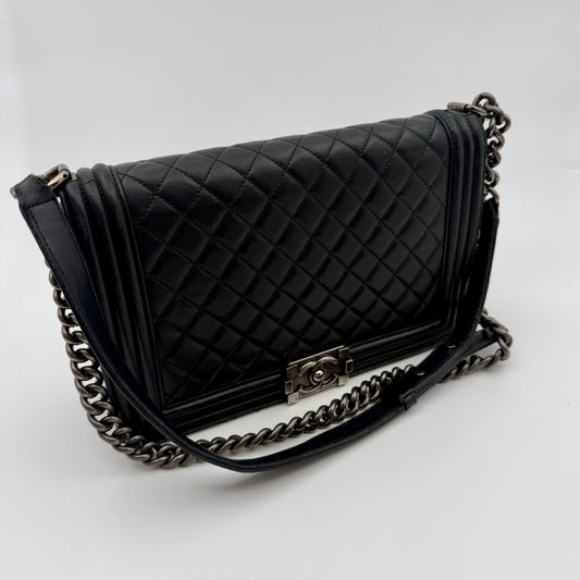 Pre-Owned Black Lambskin 'Boy' Single Flap Crossbody Bag
