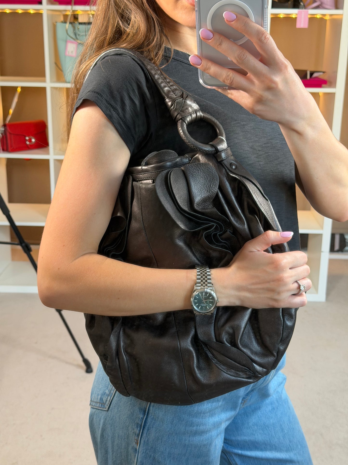 Metallic Leather Hobo Shoulder Bag