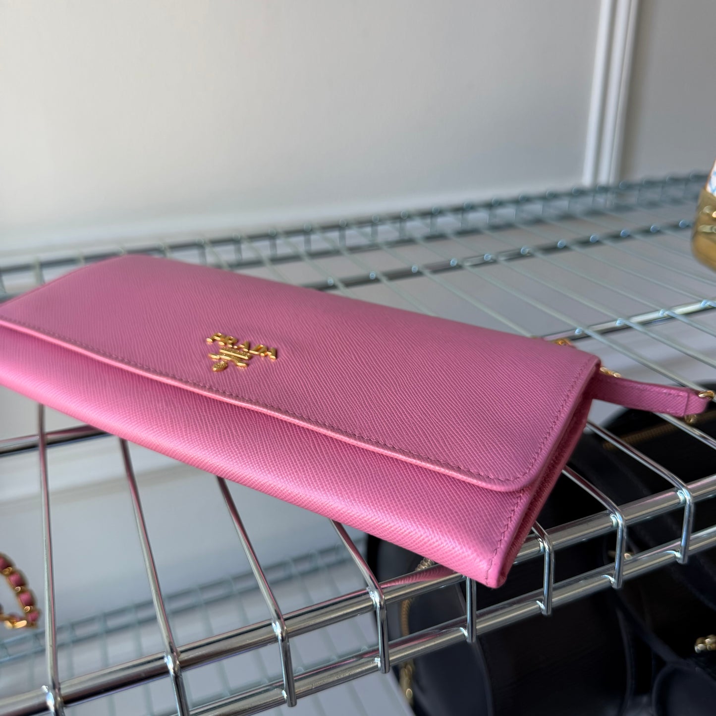 Pre-Owned Pink Saffiano Leather Wallet on Chain