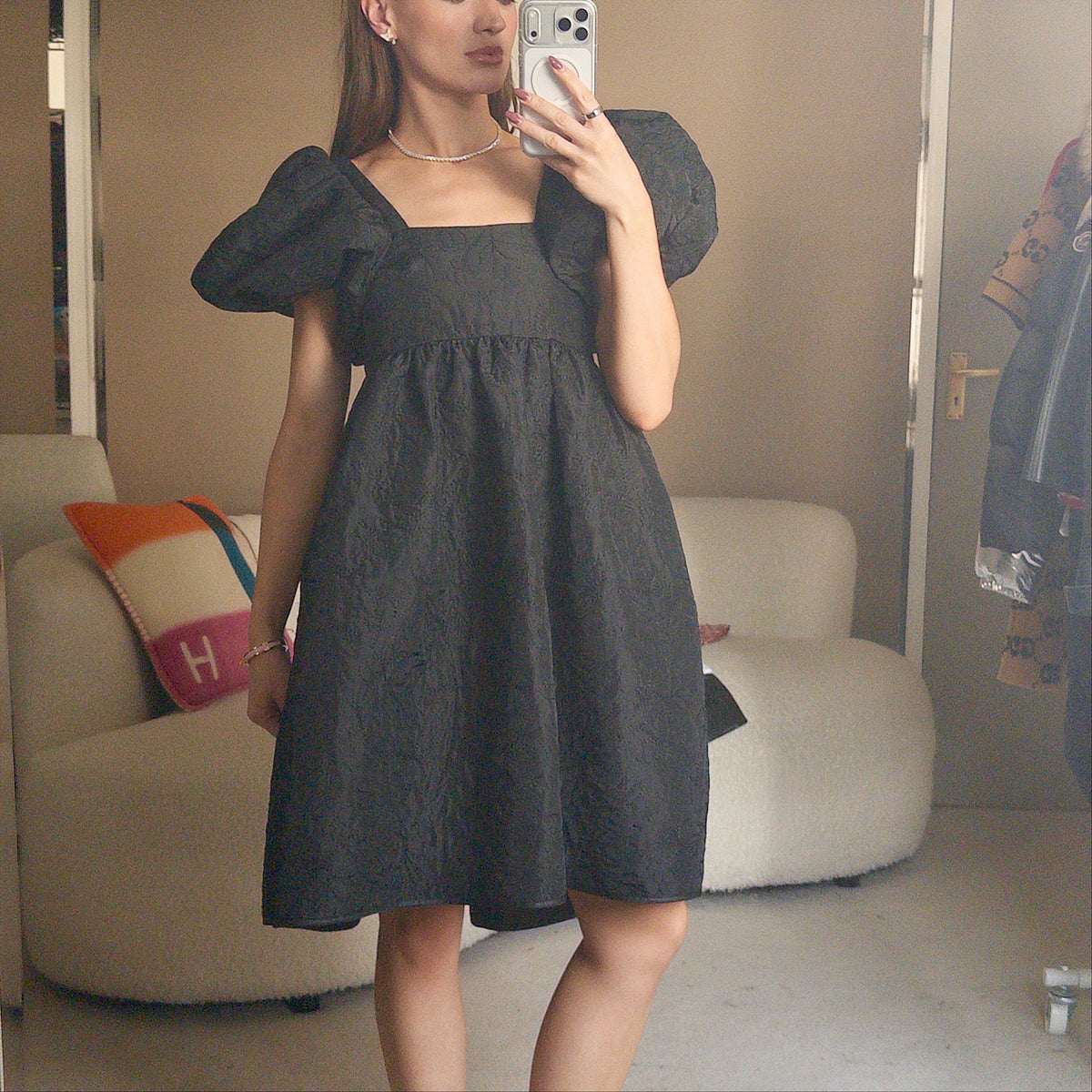 Pre-Owned Black Floral Quilted Dress (UK8)