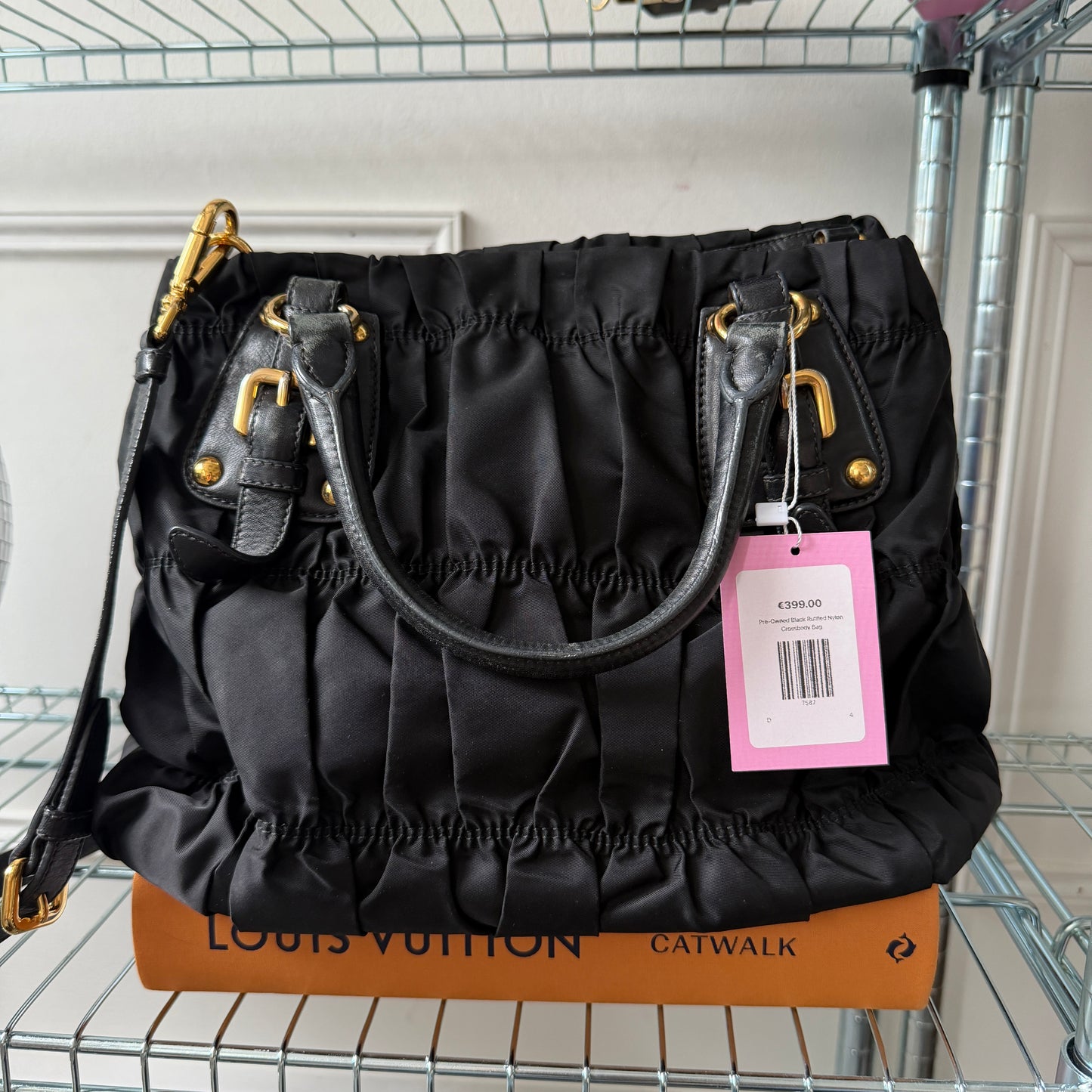 Pre-Owned Black Ruffled Nylon Crossbody Bag