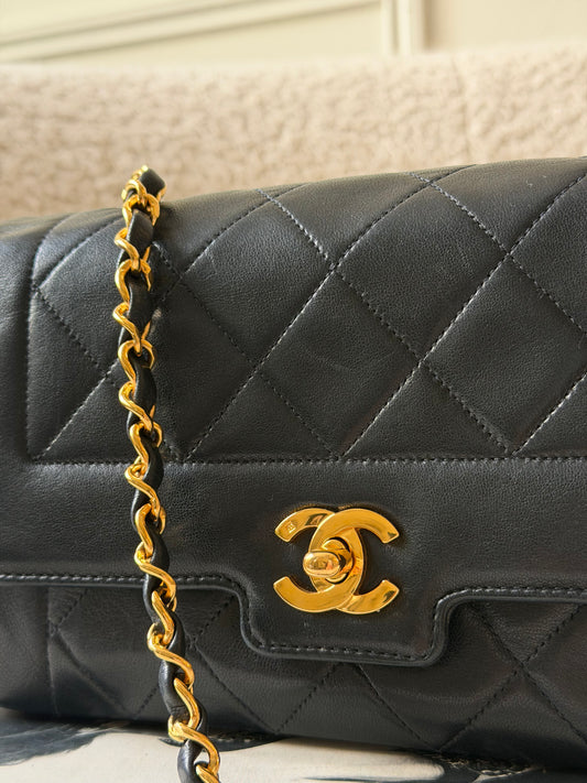 1990s Black Lambskin Leather Diana Single Flap Crossbody