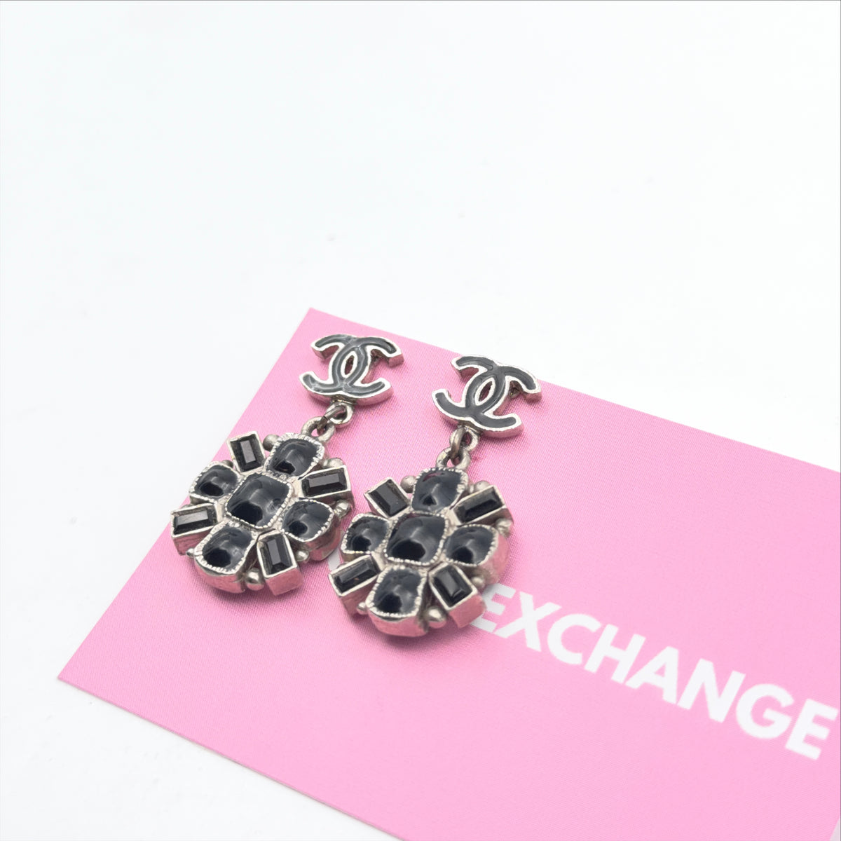 Pre-Owned Black Flower CC Silver-Tone Earrings