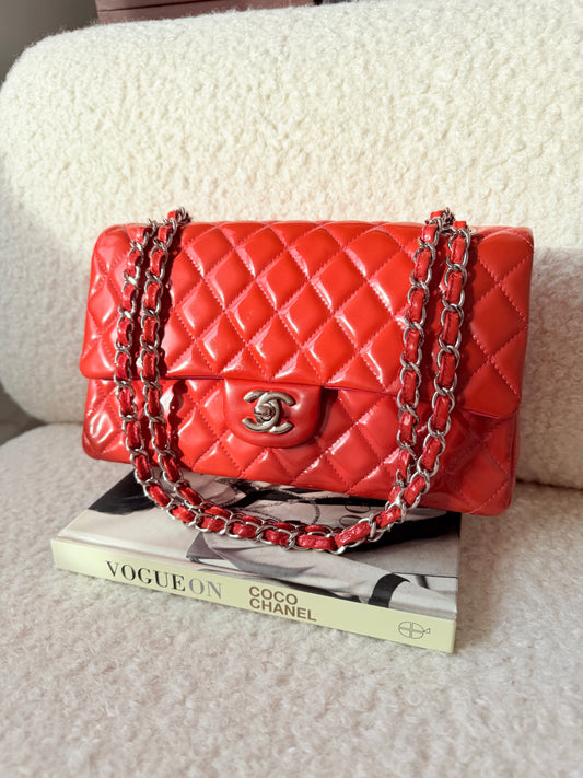 2014 Coral Patent Medium Double Classic Flap Silver Hardware