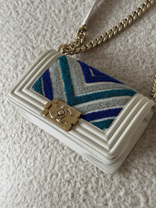 Pre-Owned White/Blue Lambskin Leather Boy Mini Single Flap
