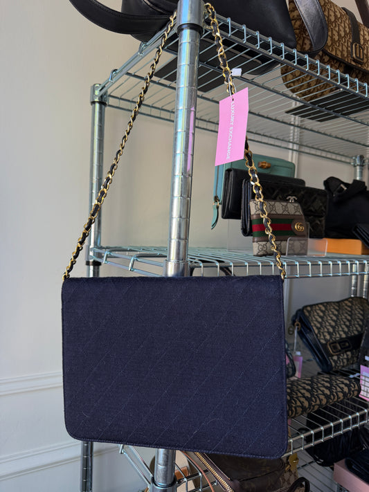 Pre-Owned Navy Cotton Single Flap Shoulder Bag