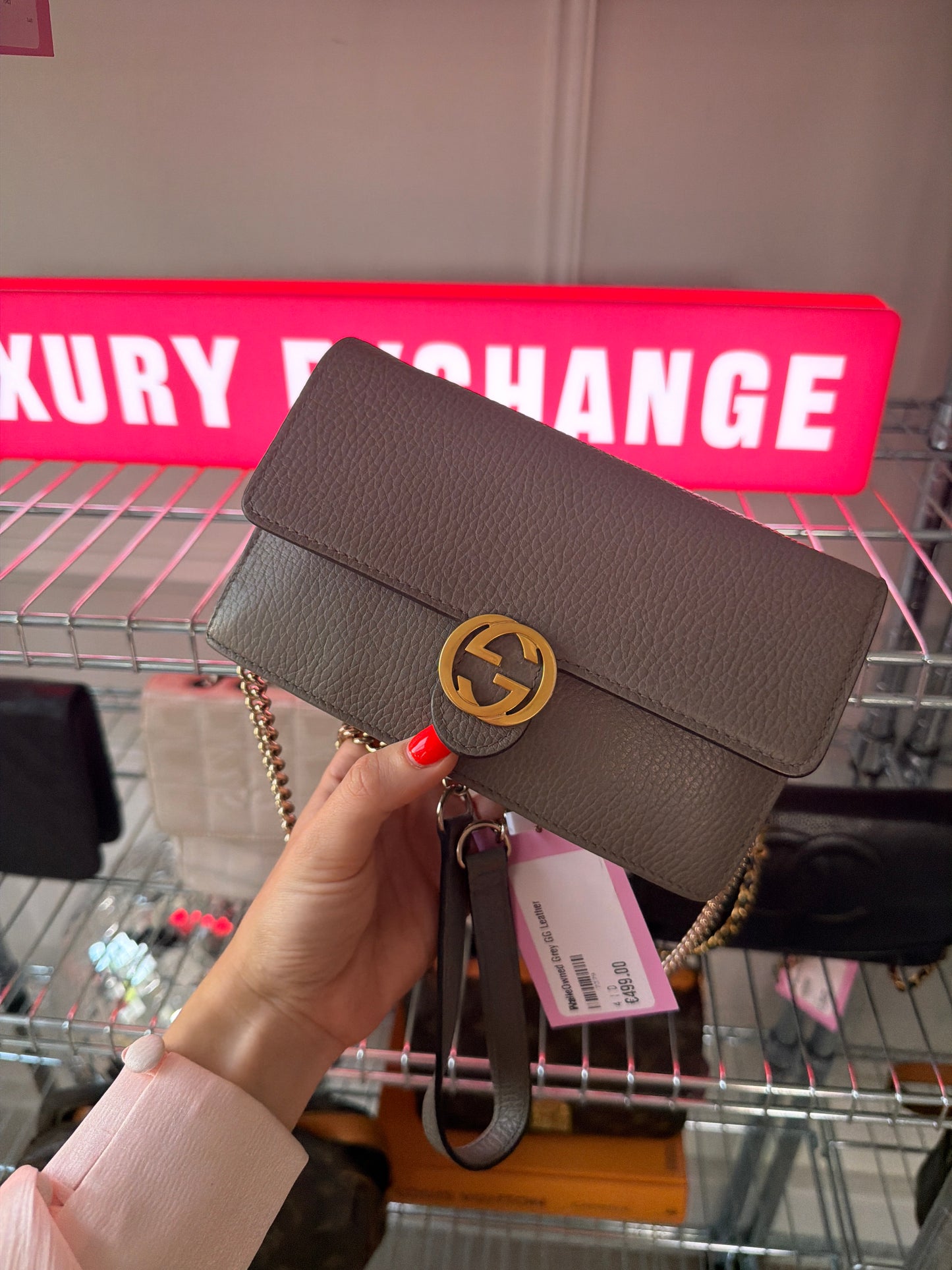 Pre-Owned Grey GG Leather Wallet on Chain
