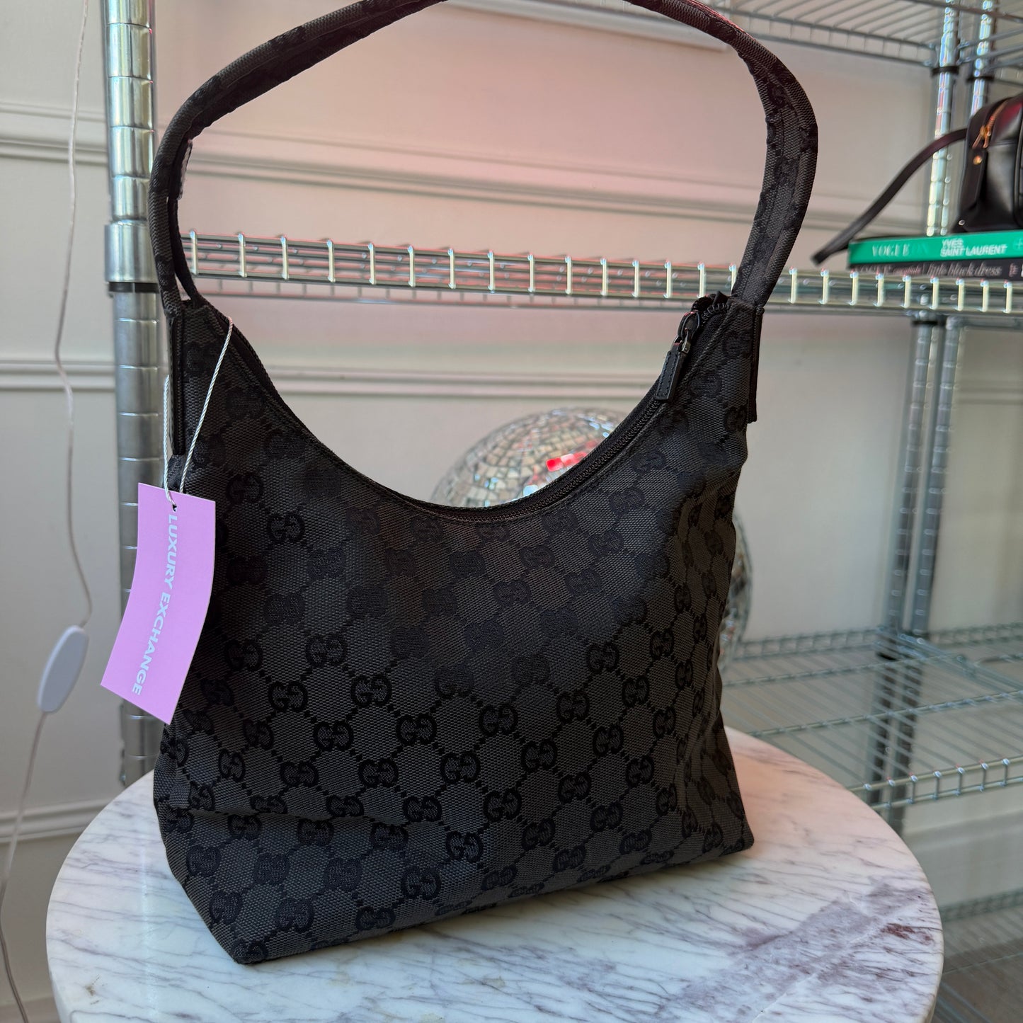 Pre-Owned Black GG Canvas Hobo Shoulder Bag
