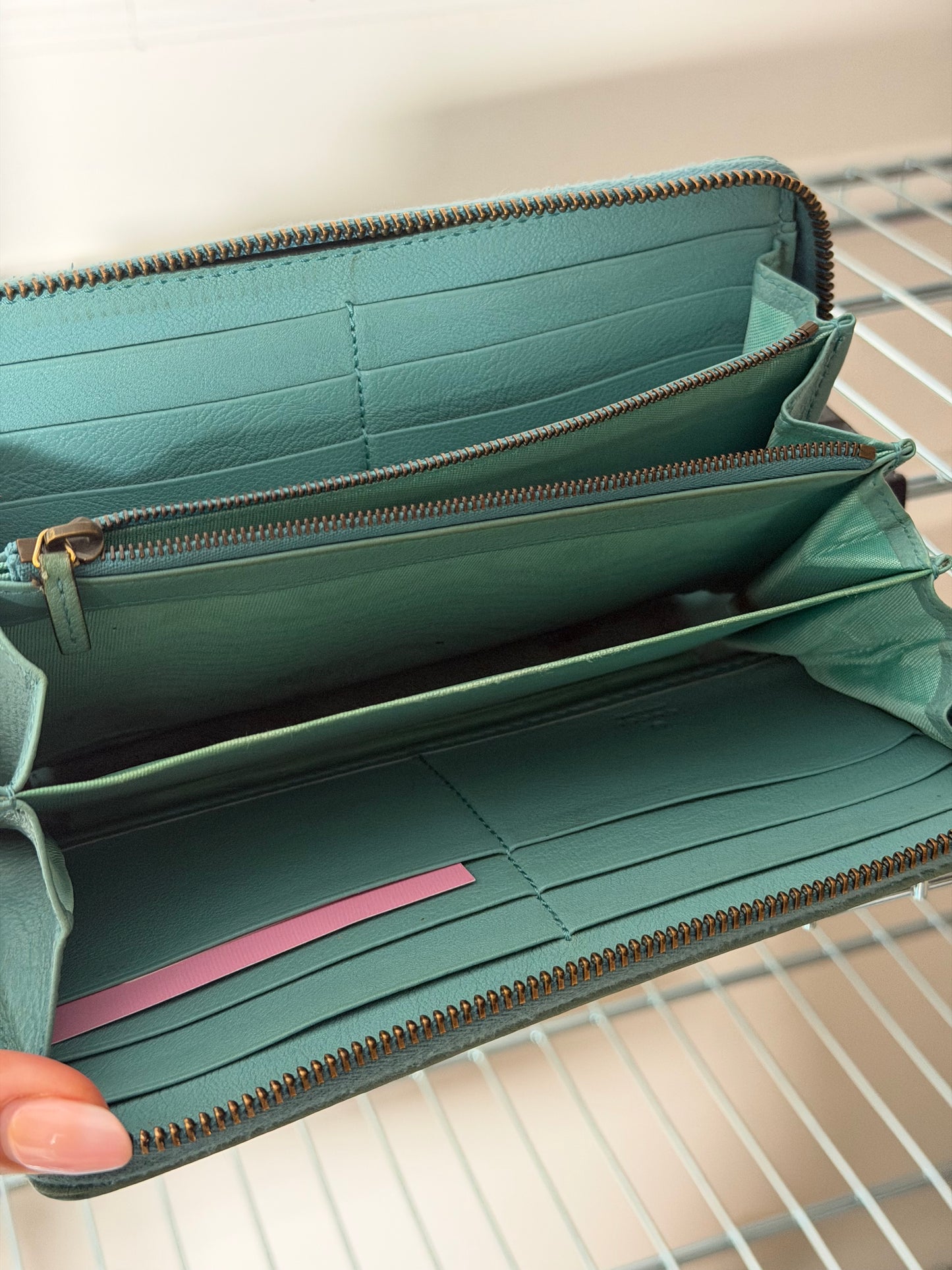 Pre-Owned Teal Bamboo Leather Zip Wallet
