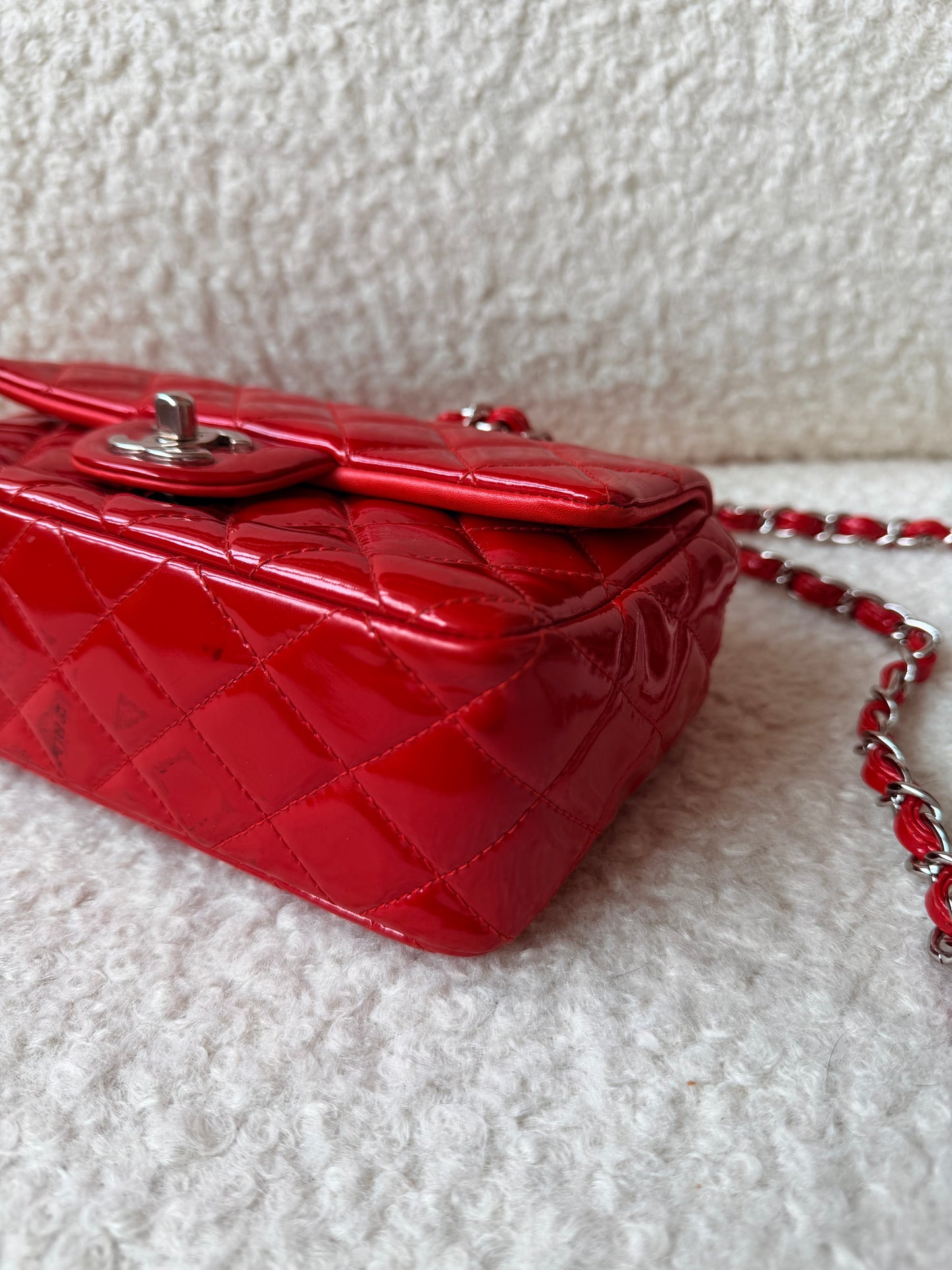 2014 Red Patent Mini Rectangle Classic Flap Silver Tone Hardware