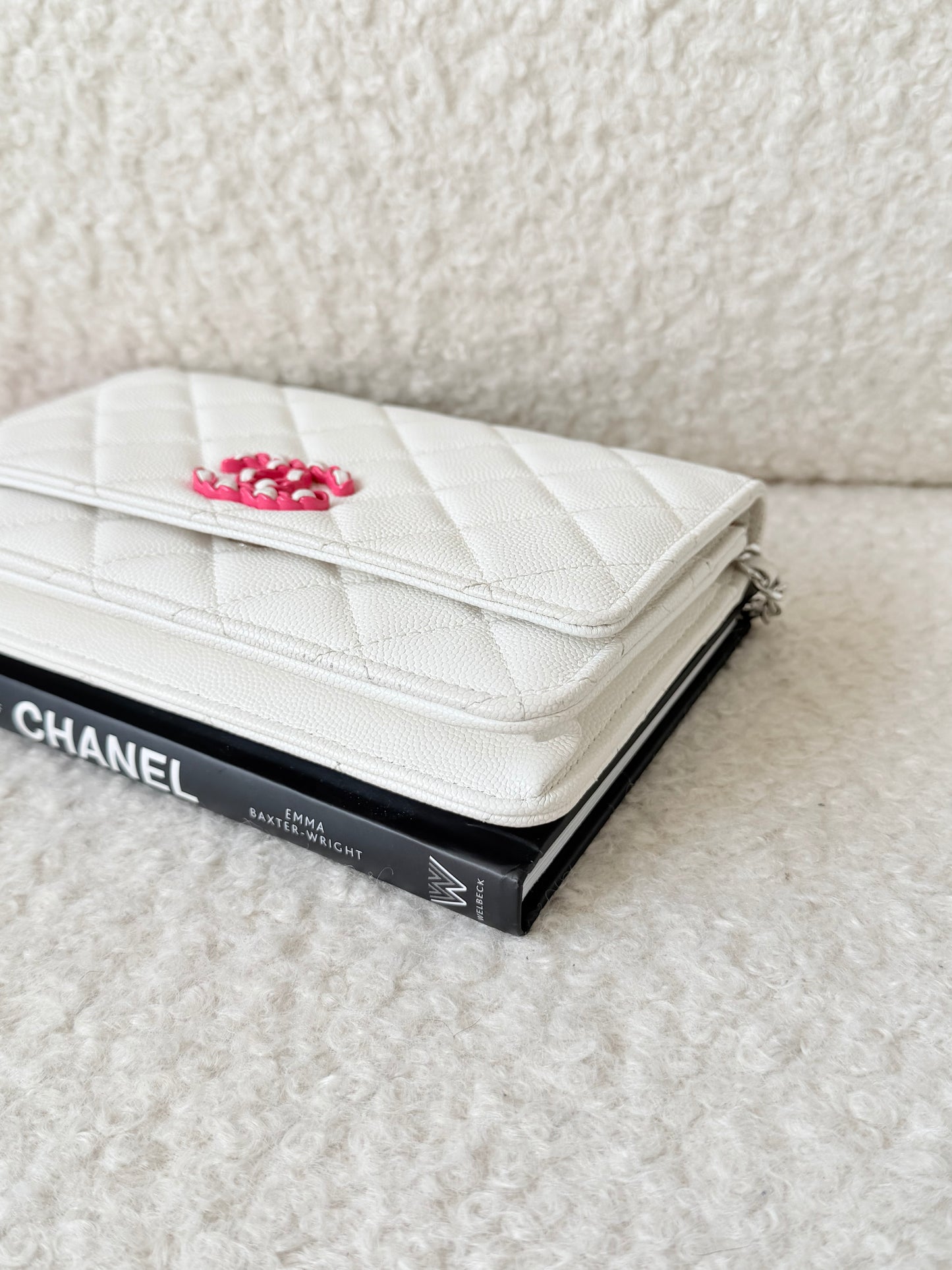 White Quilted Caviar Wallet on Chain WOC Pink and Silver Hardware