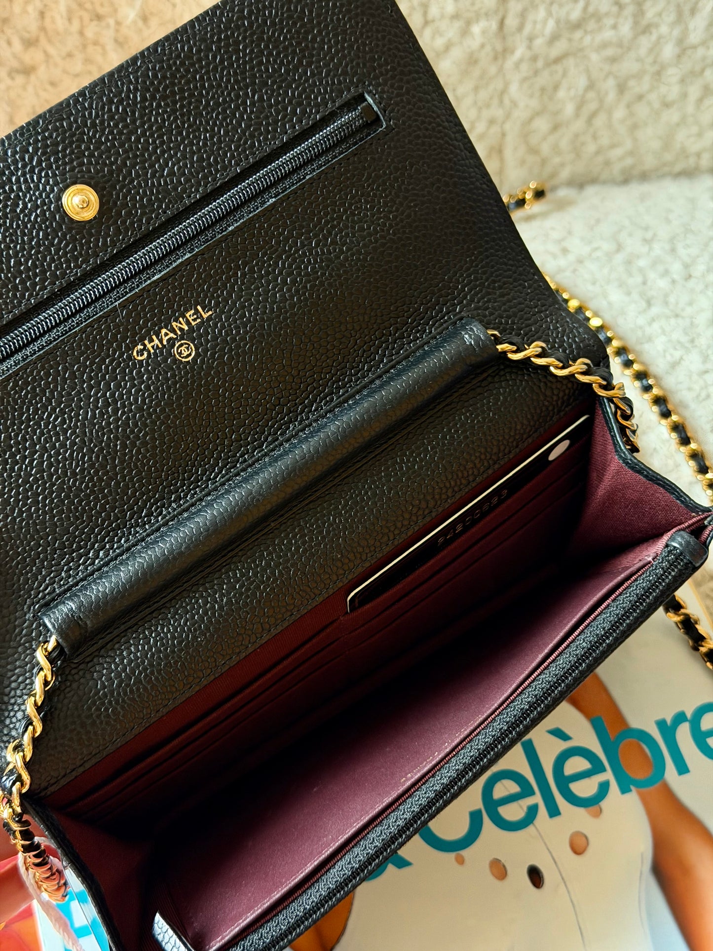 Pre-Owned Black Matelassé Caviar Wallet on Chain GHW