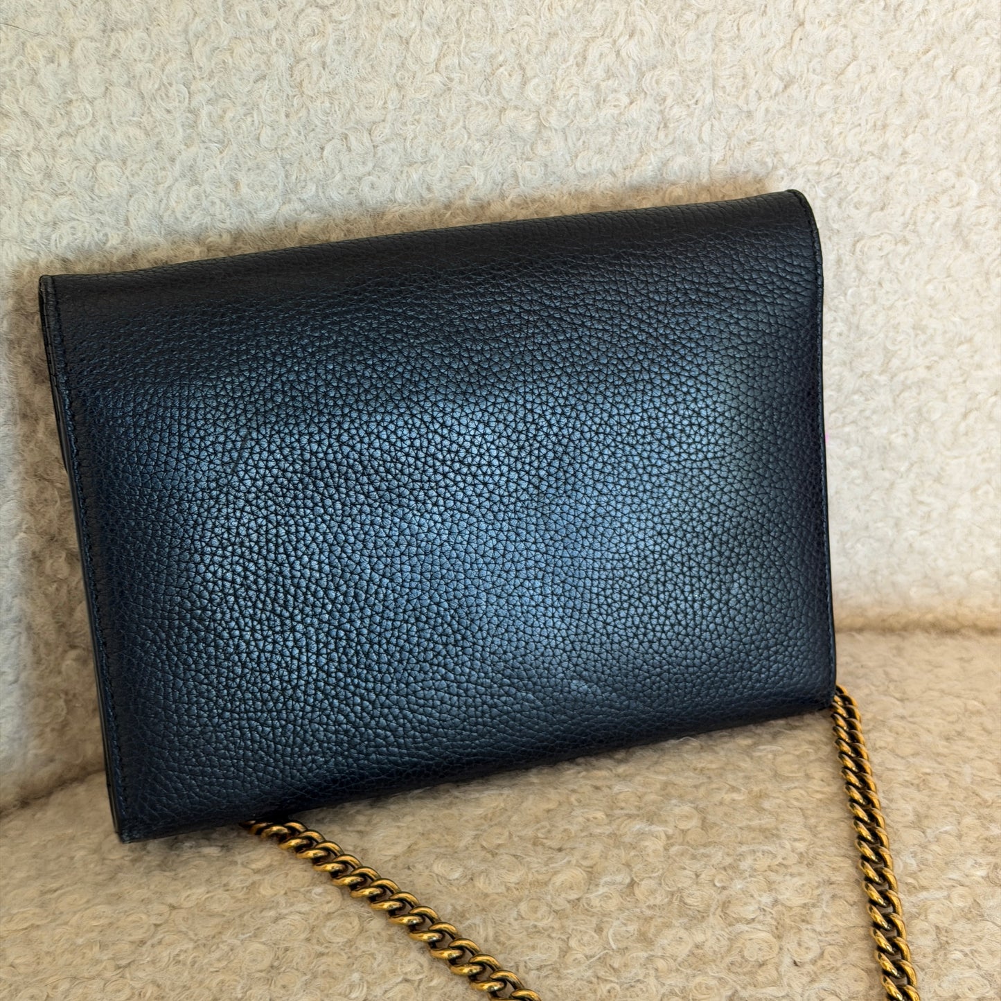 Pre-Owned Black GG Leather Wallet on Chain