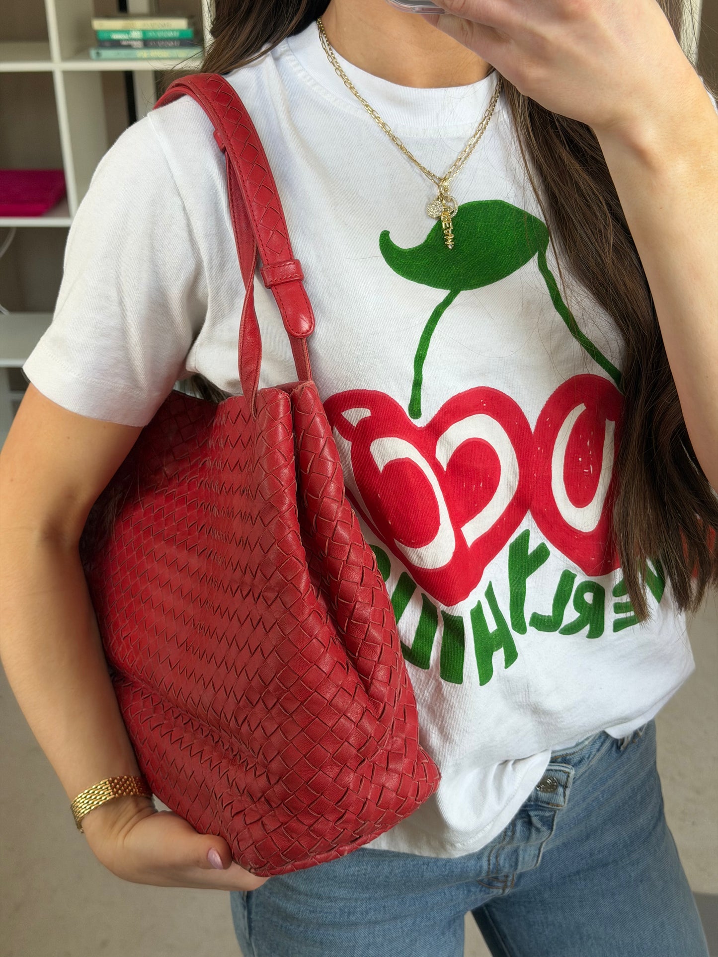 Red Intrecciato Leather Tote Bag