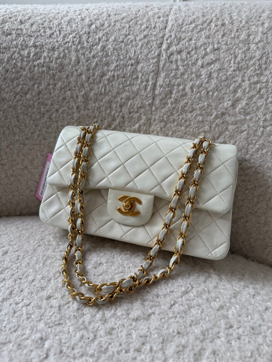 White Lambskin Small Classic Double Flap 24KGHW