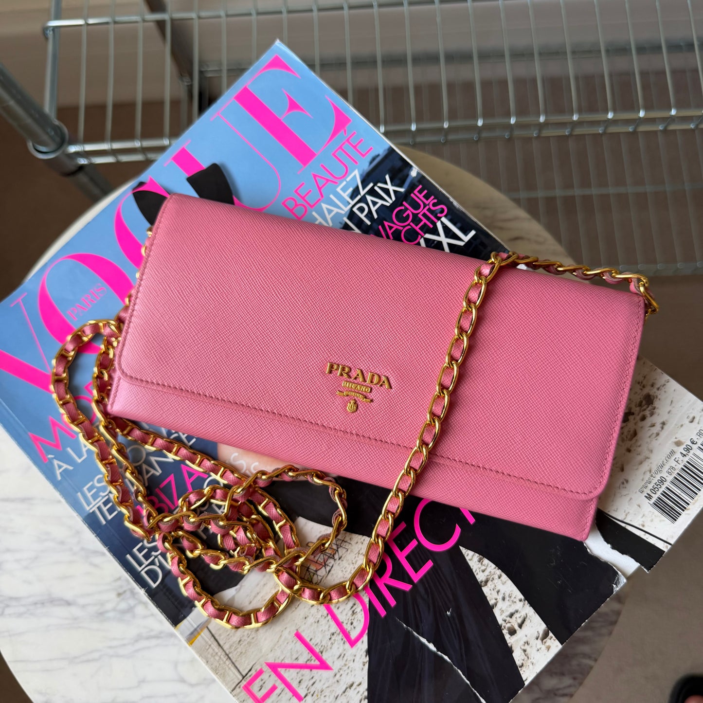 Pre-Owned Pink Saffiano Leather Wallet on Chain