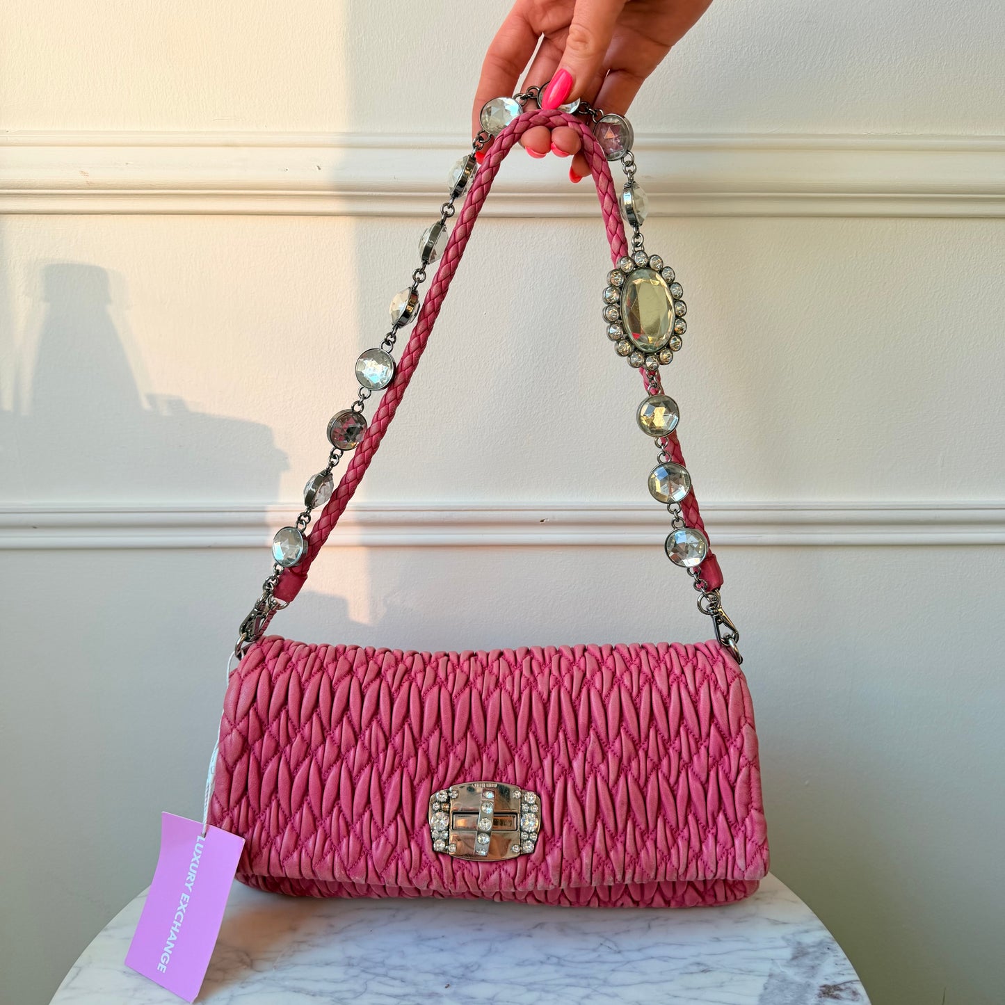 Vintage Pink Ruffled Leather Shoulder Bag with Gemstones