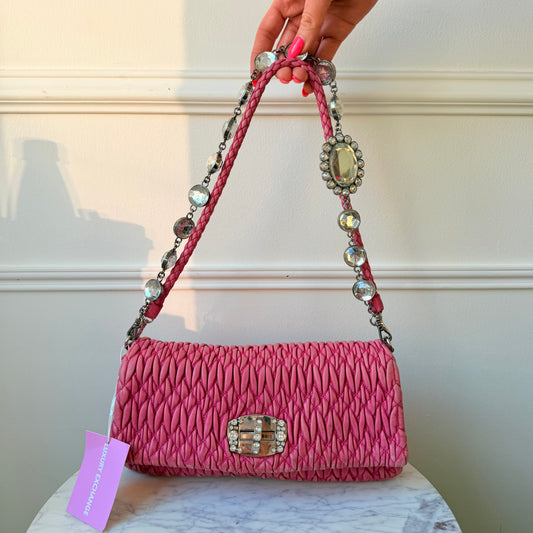 Vintage Pink Ruffled Leather Shoulder Bag with Gemstones