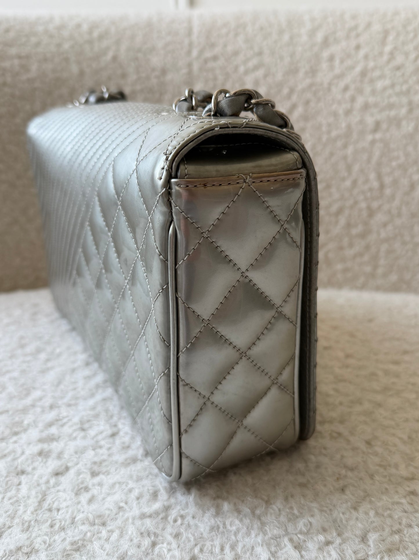 Silver Metallic Patent Single Flap Crossbody Handbag