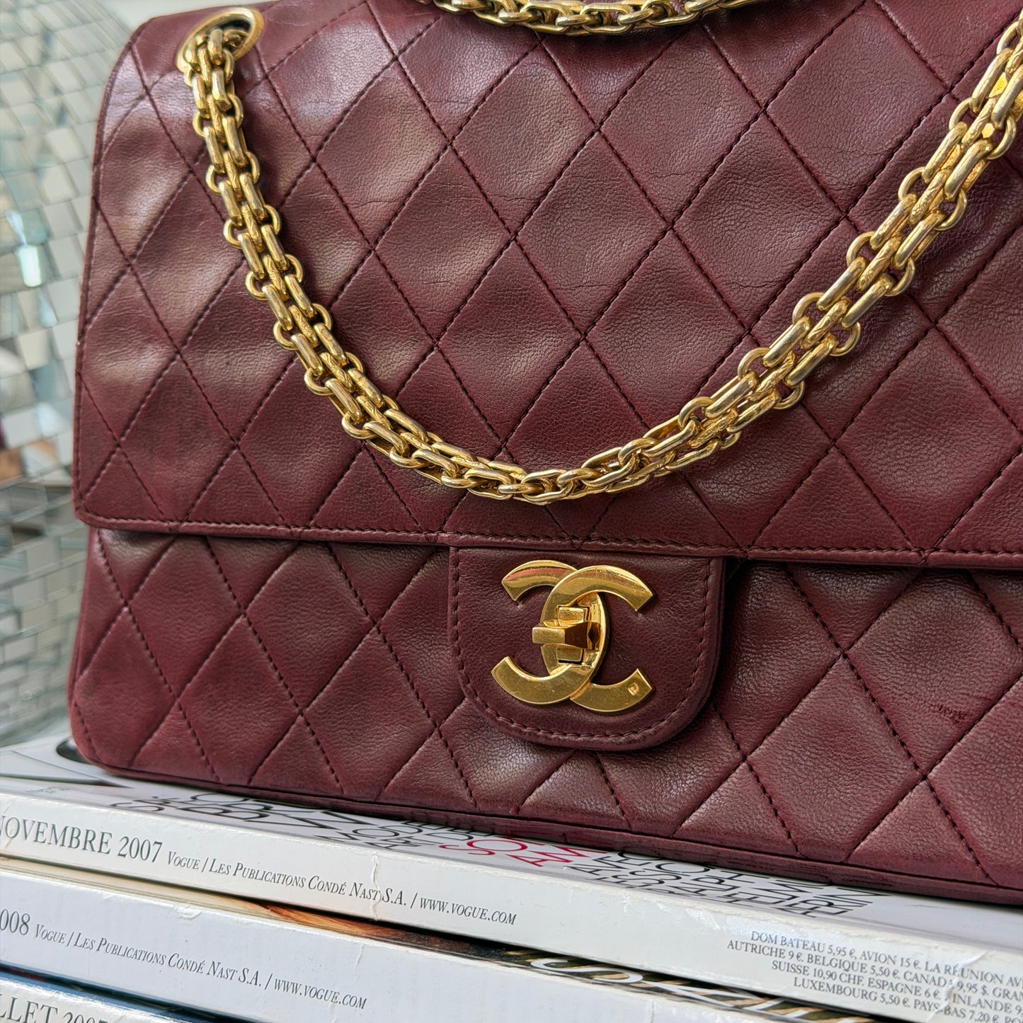 Pre-Owned Bordeaux Lambskin Double Flap Shoulder Bag