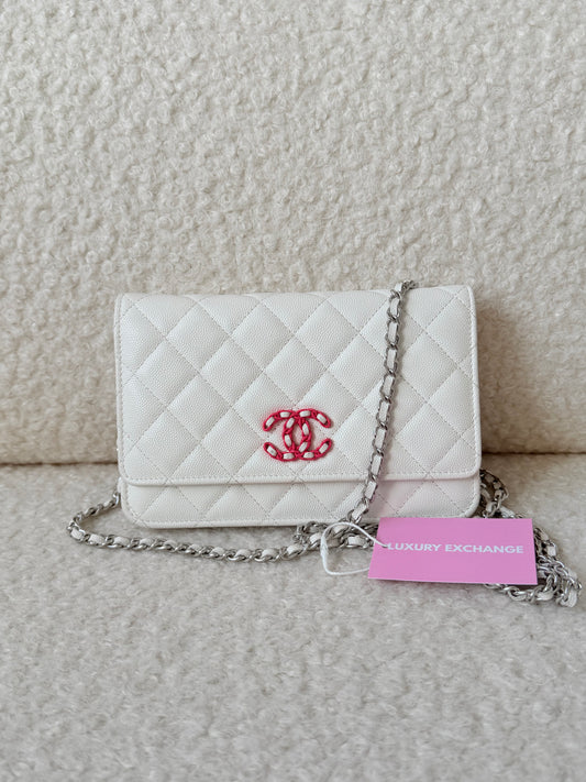 White Quilted Caviar Wallet on Chain WOC Pink and Silver Hardware