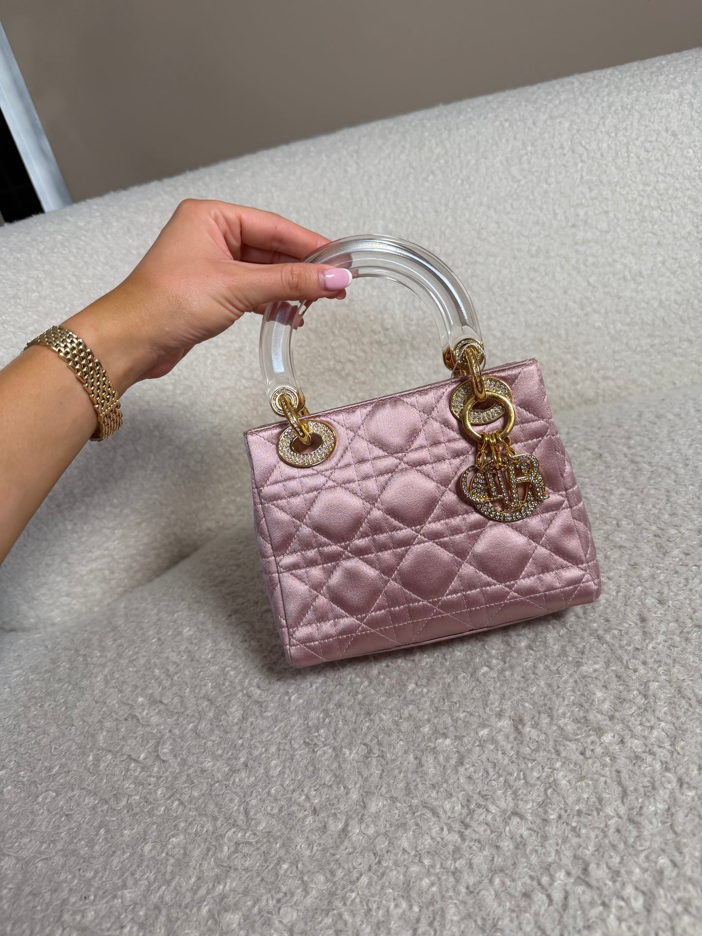 Pre-Owned Pink Fabric Small Lady Dior w/Diamonds