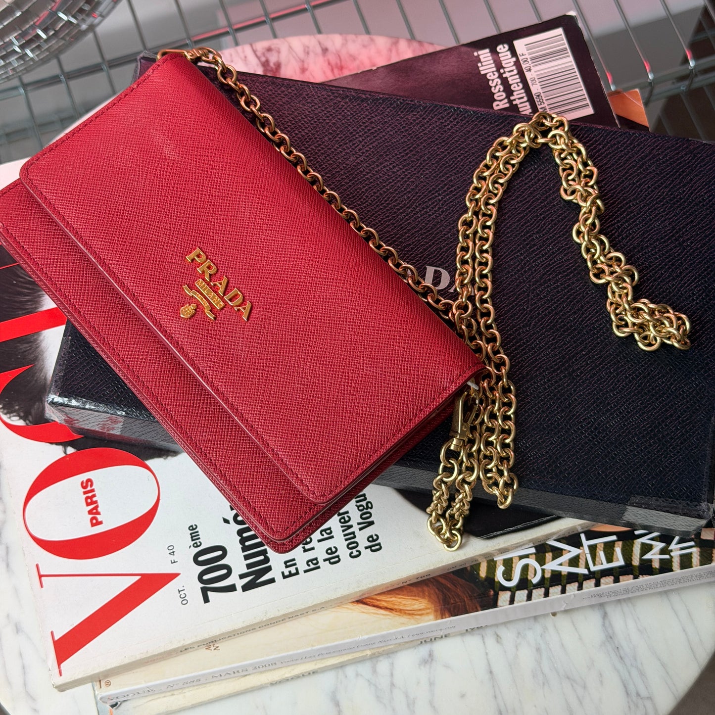 Pre-Owned Red Saffiano Leather Wallet on Chain
