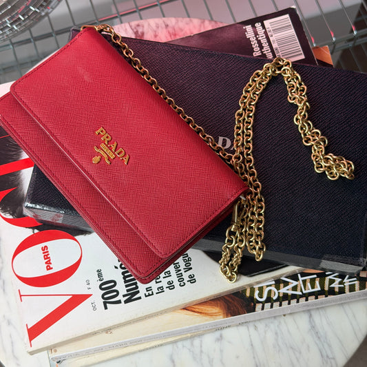 Pre-Owned Red Saffiano Leather Wallet on Chain