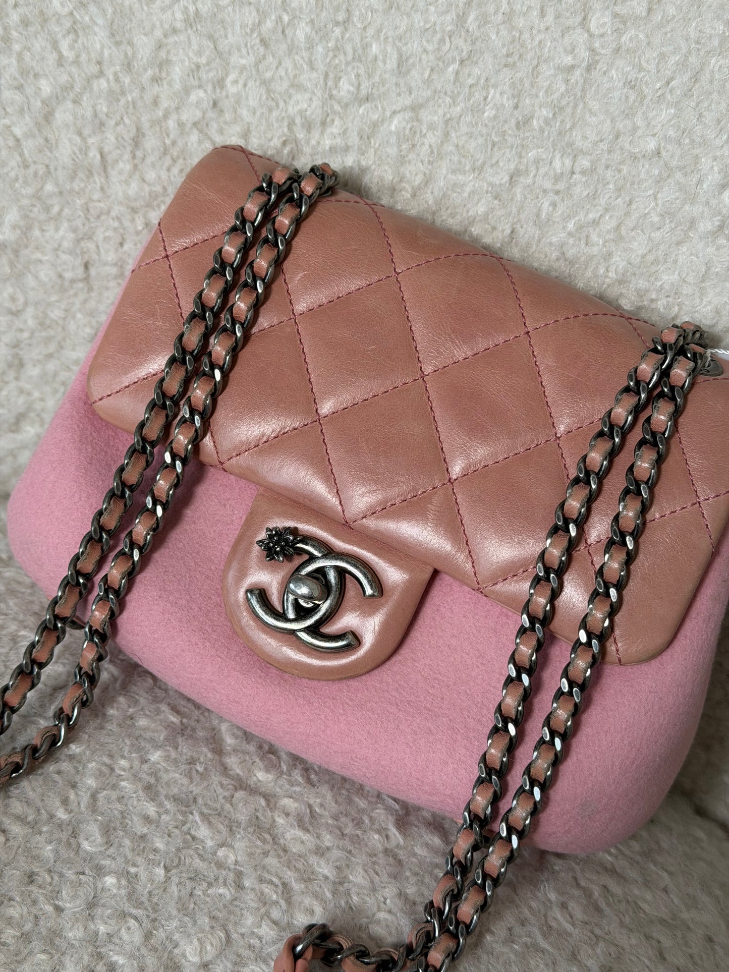 Pre-Owned Pink Lambskin Leather/Fabric Mini Square Crossbody