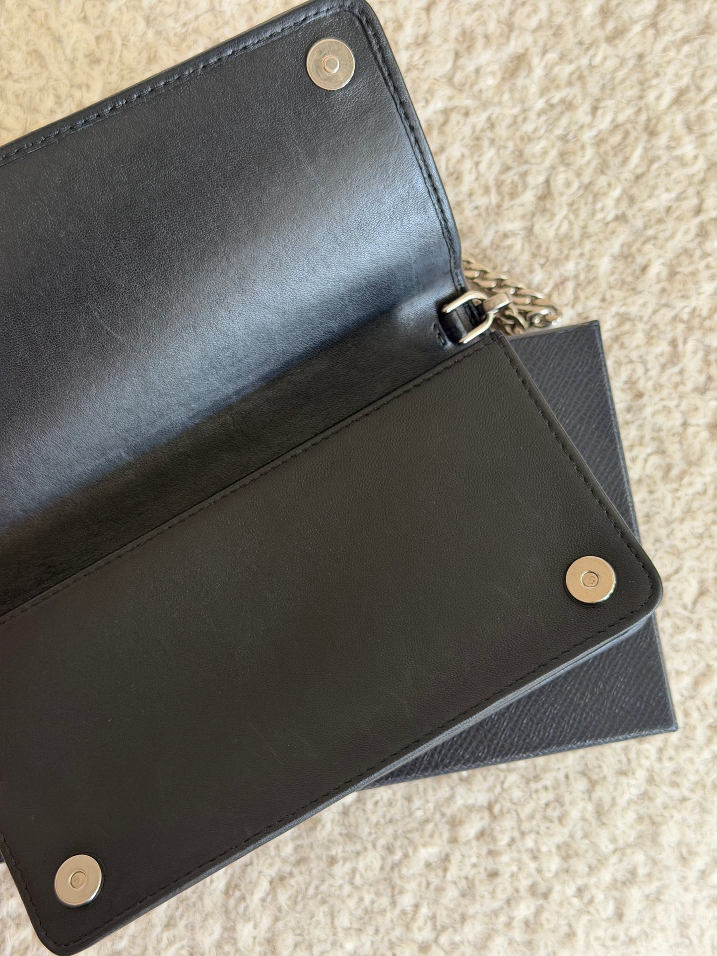 Pre-Owned Black Ruffled Leather Wallet on Chain