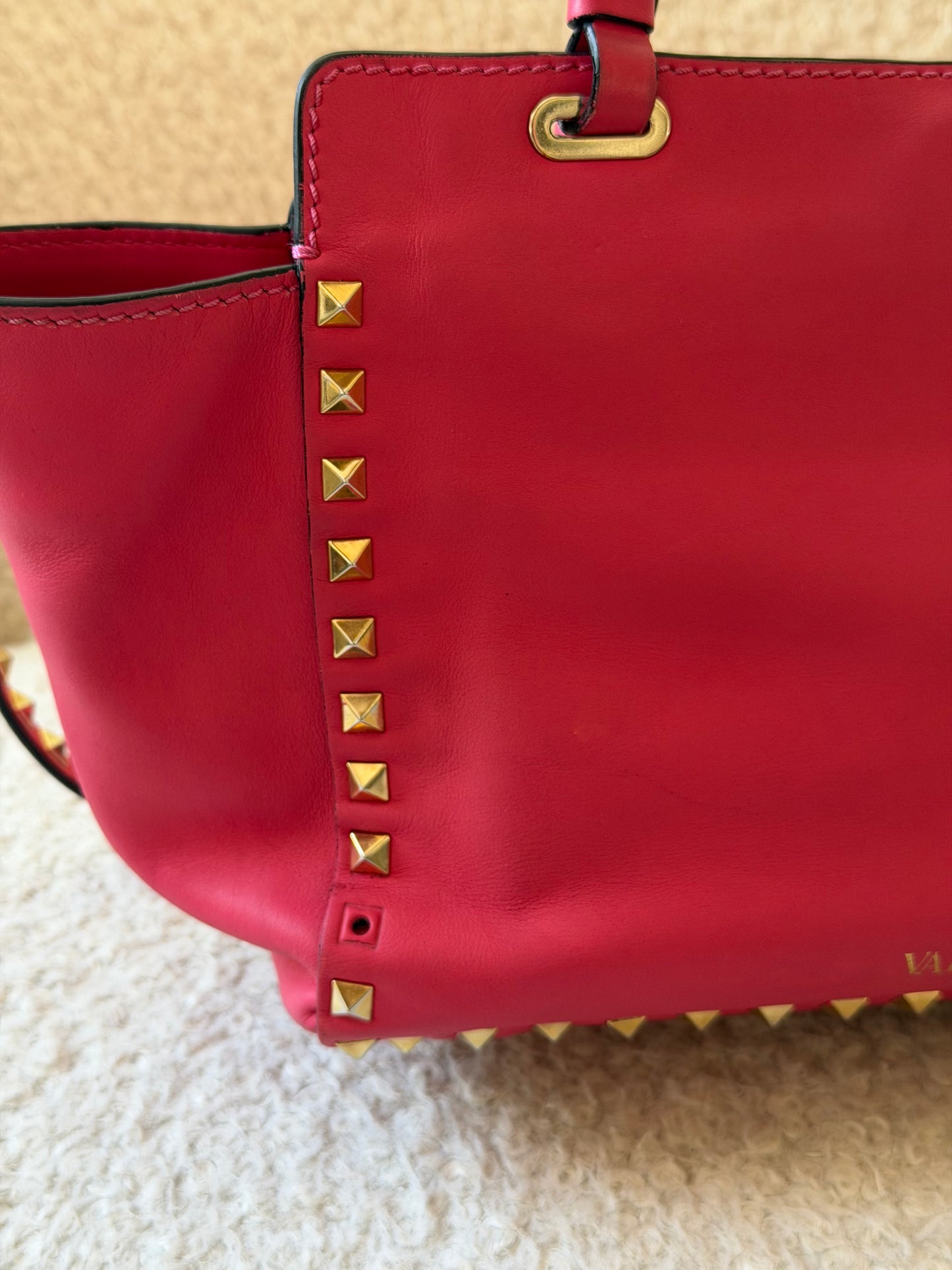 2000s Rouge Leather Rockstud Tote Handbag