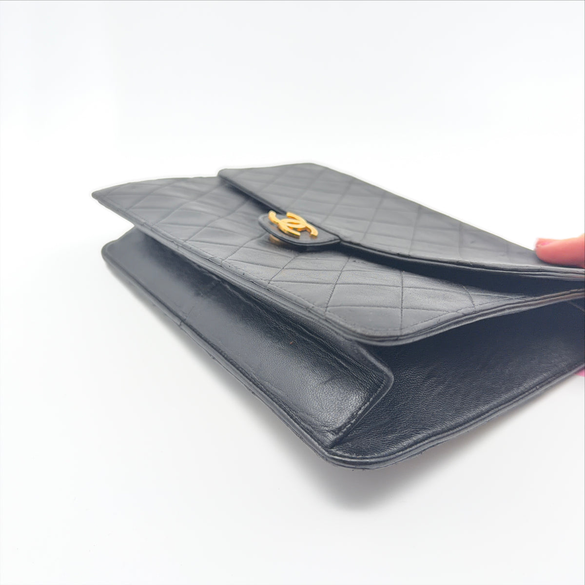 Pre-Owned Black Lambskin Single Flap Shoulder Bag