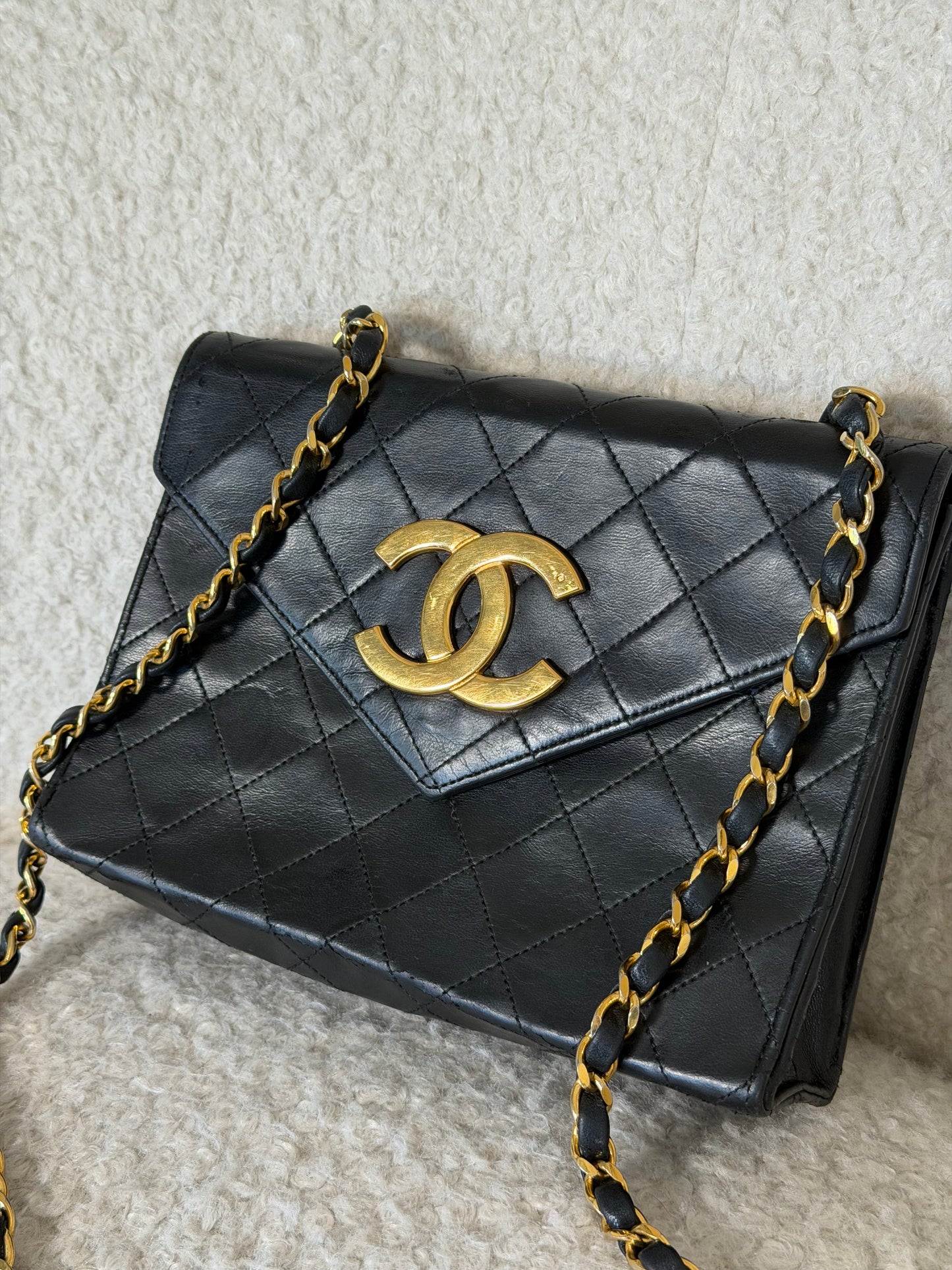Pre-Owned Black Matelassé Lambskin Single Flap Crossbody Handbag w/Jumbo CC