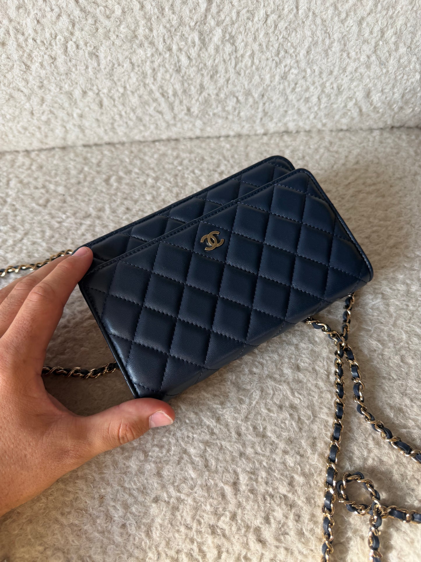 Pre-Owned Navy Matelassé Lambskin Leather Wallet on Chain