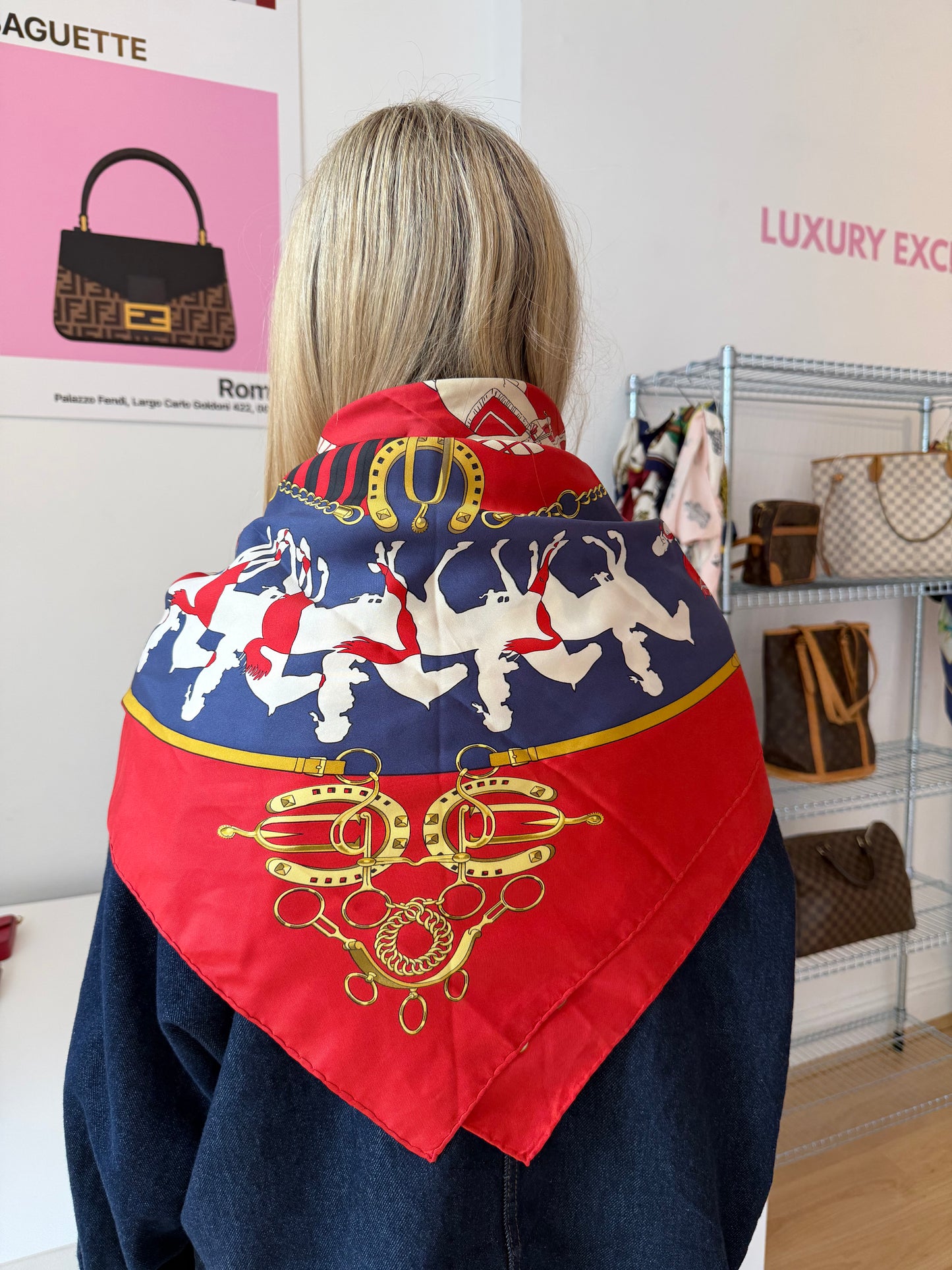 Red/Navy Horses Silk Scarf 90