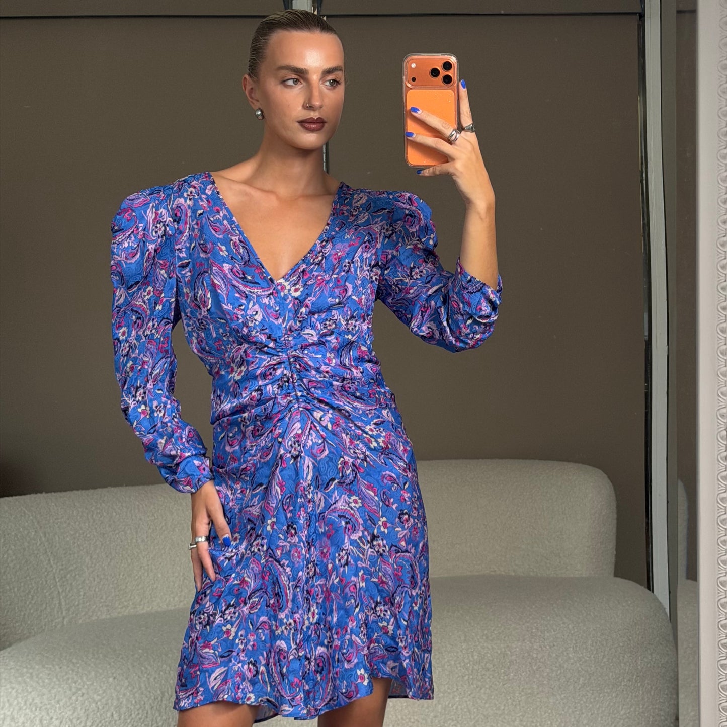 Purple Floral Viscose/ Silk Dress Size 40 Very Good