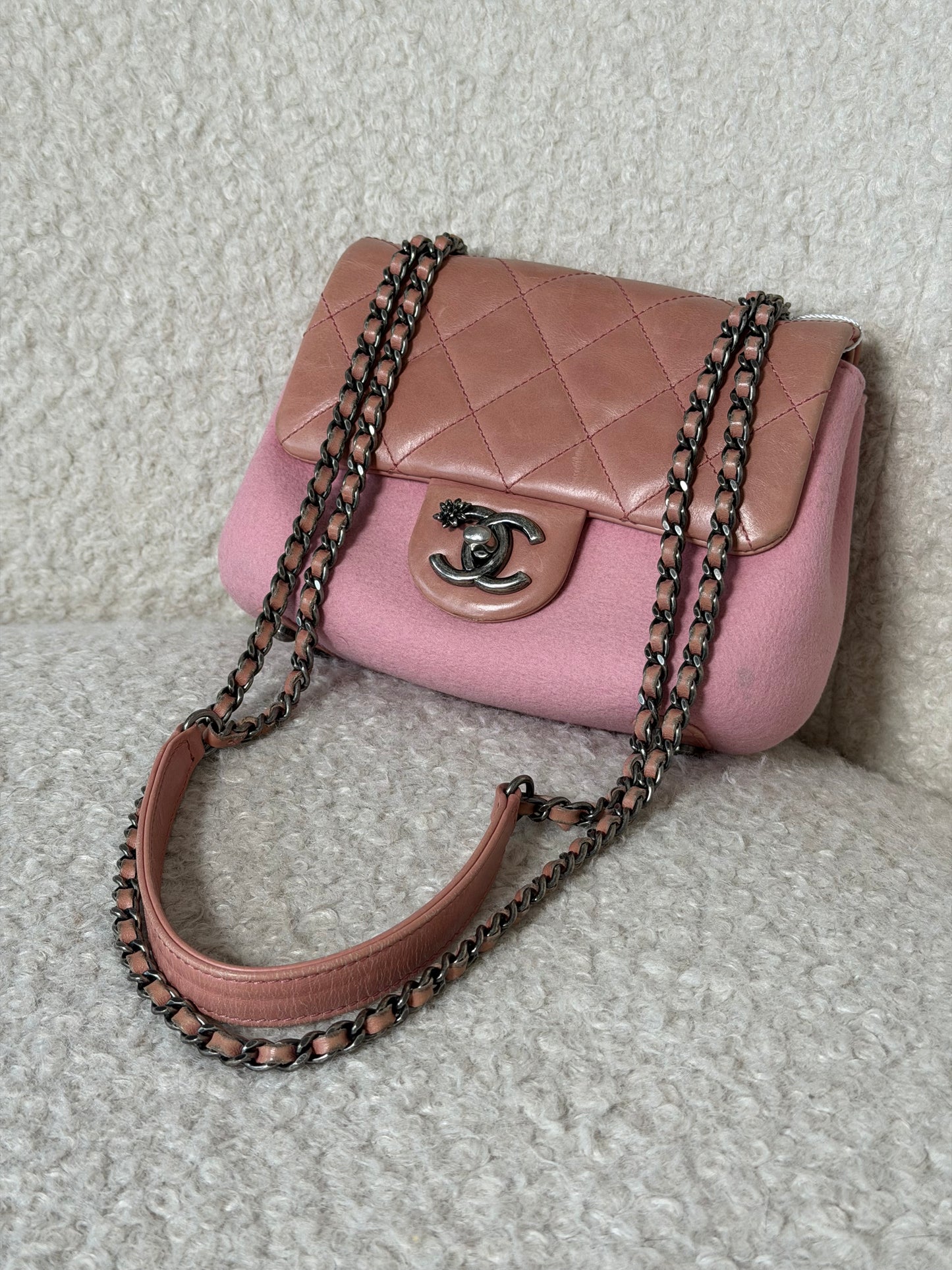 Pre-Owned Pink Lambskin Leather/Fabric Mini Square Crossbody