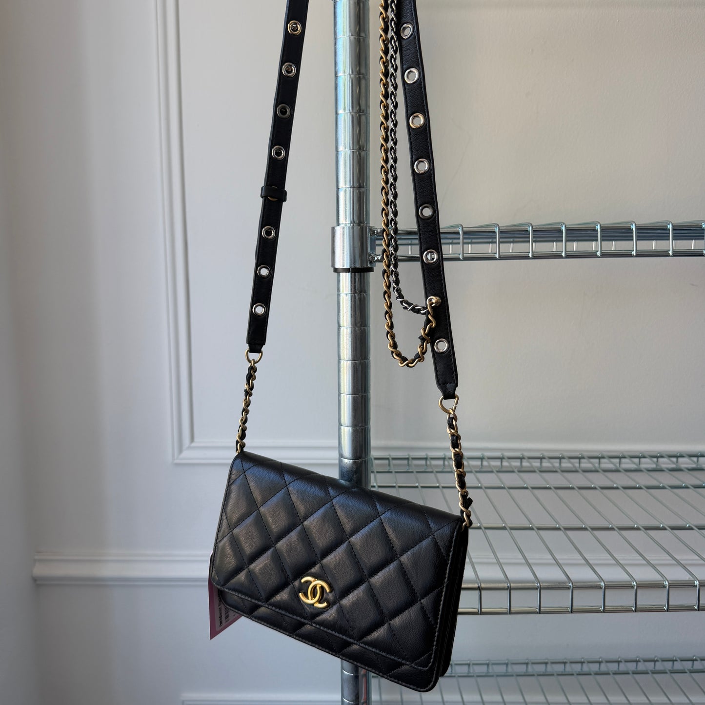 Pre-Owned Black Matelassé Lambskin 'Grommet' Wallet on Chain