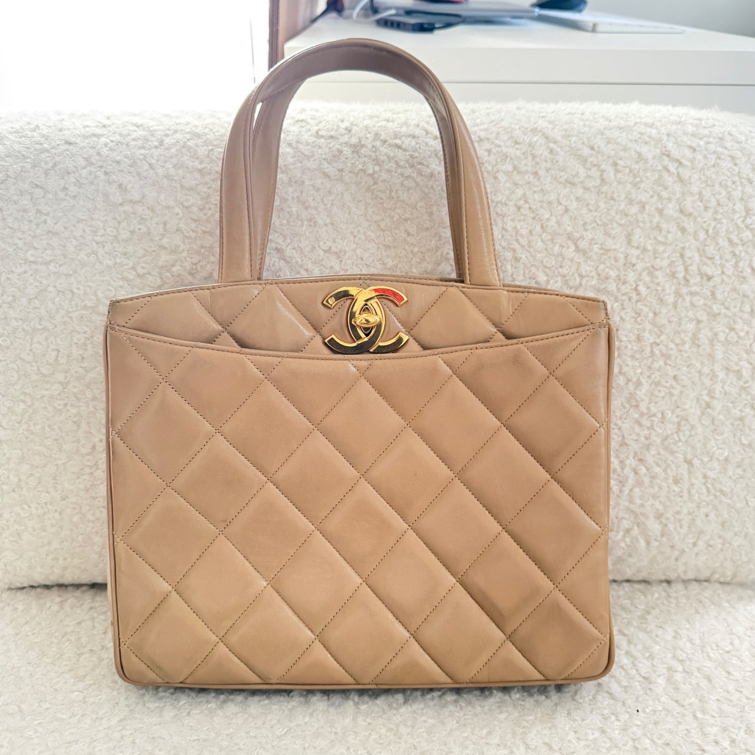 Beige CC Turnlock Tote Handbag