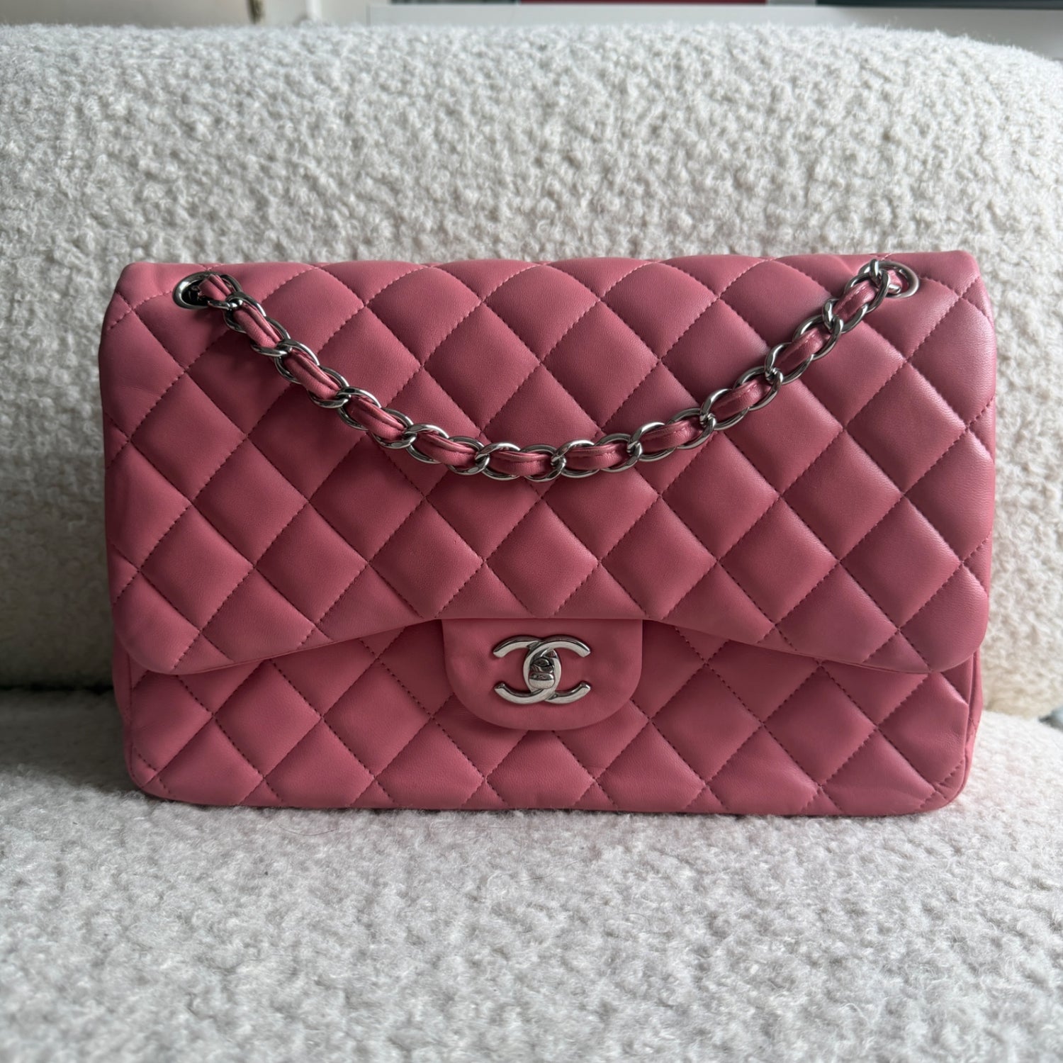 2012 Pink Lambskin Jumbo Classic Double Flap Handbag