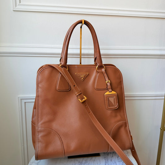 Brown Saffiano Leather Tote with Strap