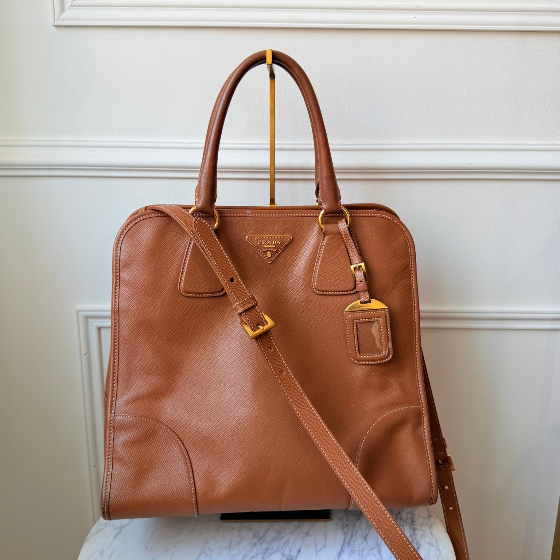 Brown Saffiano Leather Tote with Strap