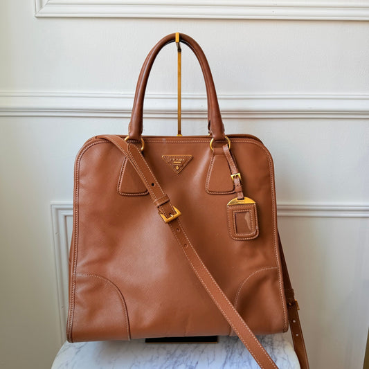 Brown Saffiano Leather Tote with Strap