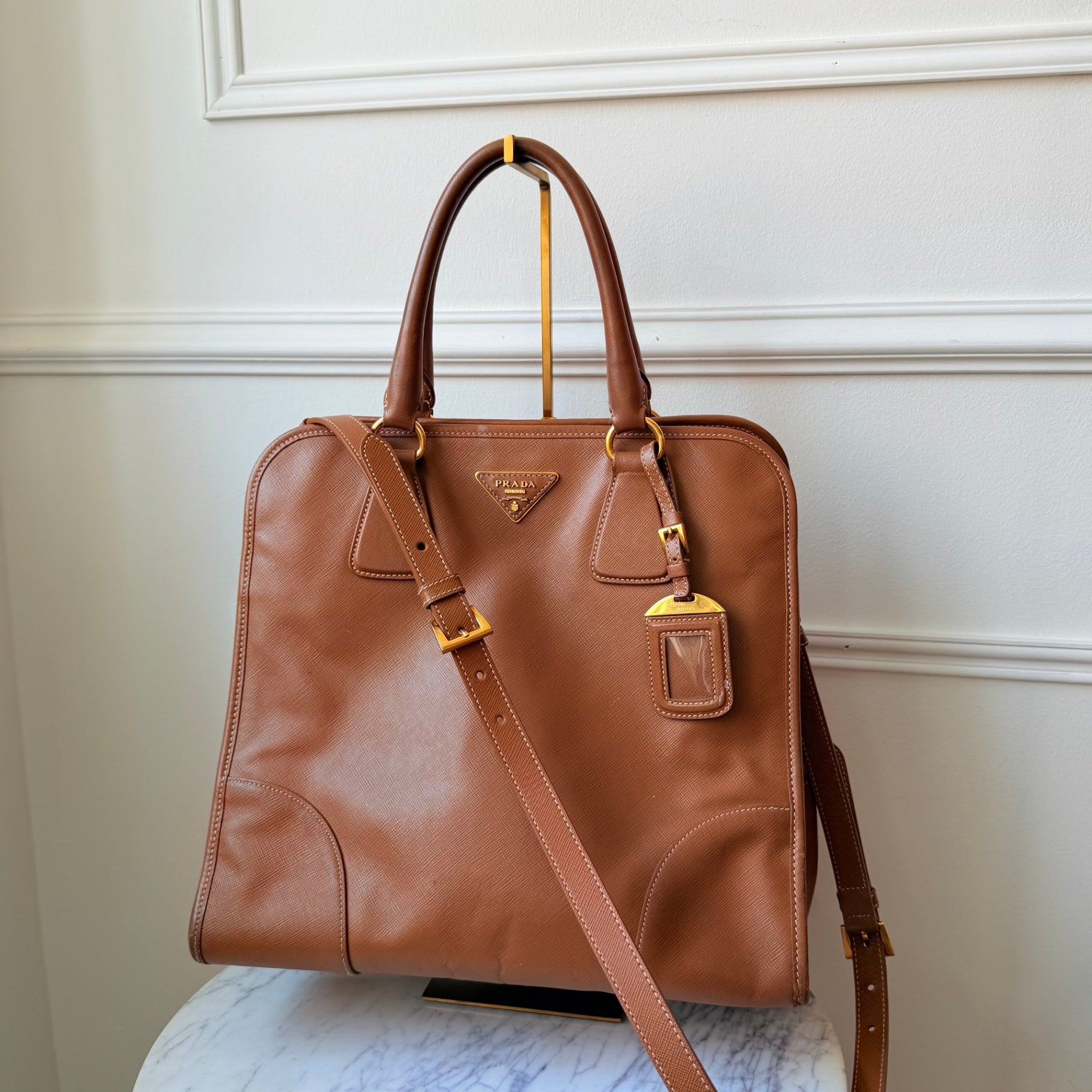 Brown Saffiano Leather Tote with Strap