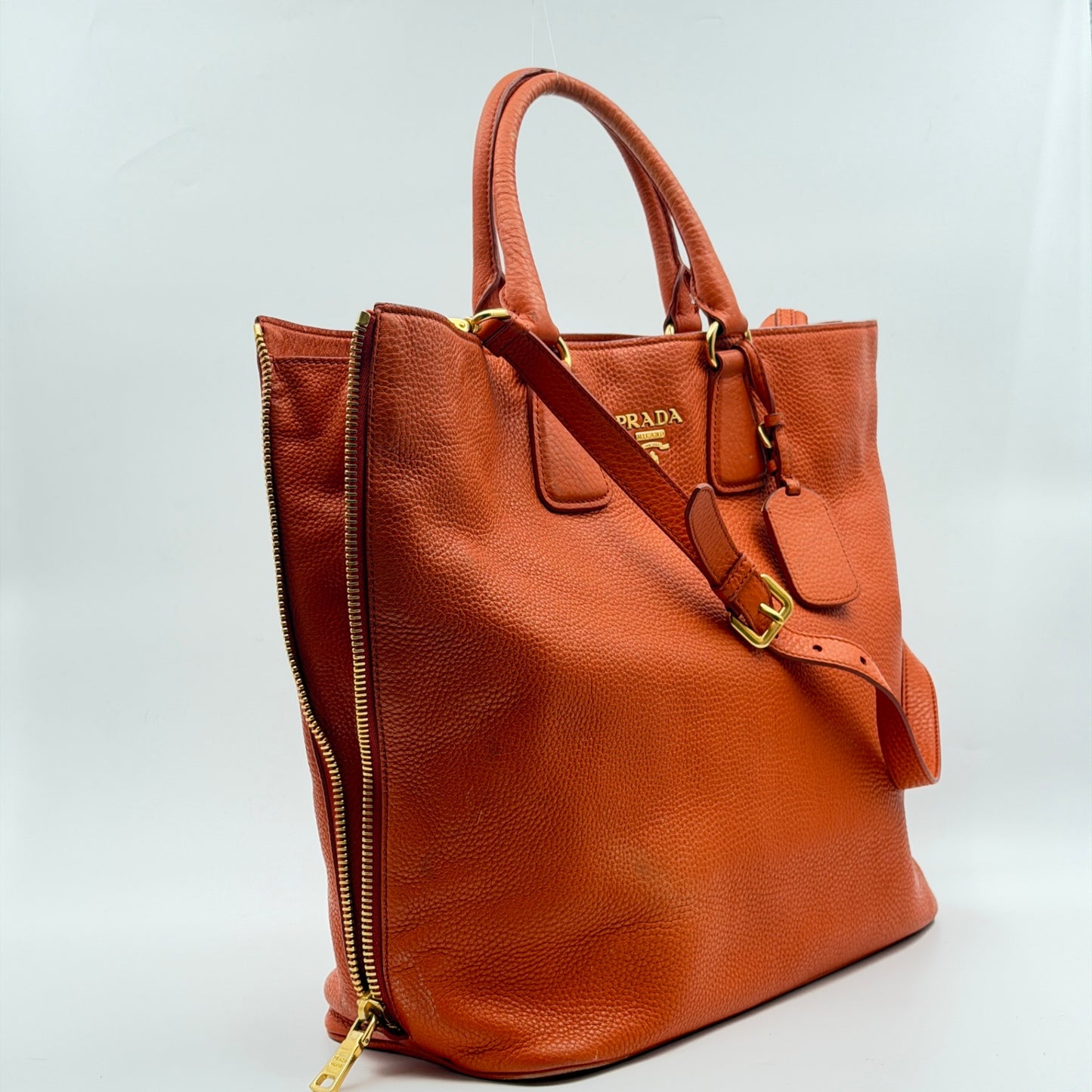 Pre-Owned Orange Grained Leather Crossbody Shopper Tote
