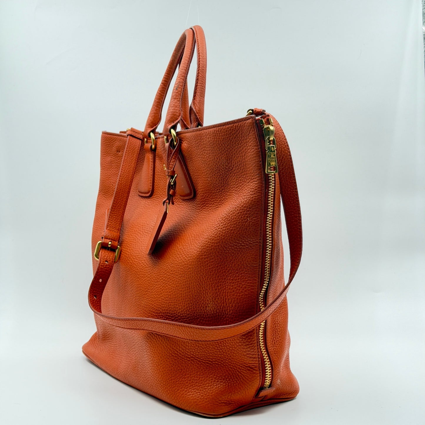Pre-Owned Orange Grained Leather Crossbody Shopper Tote