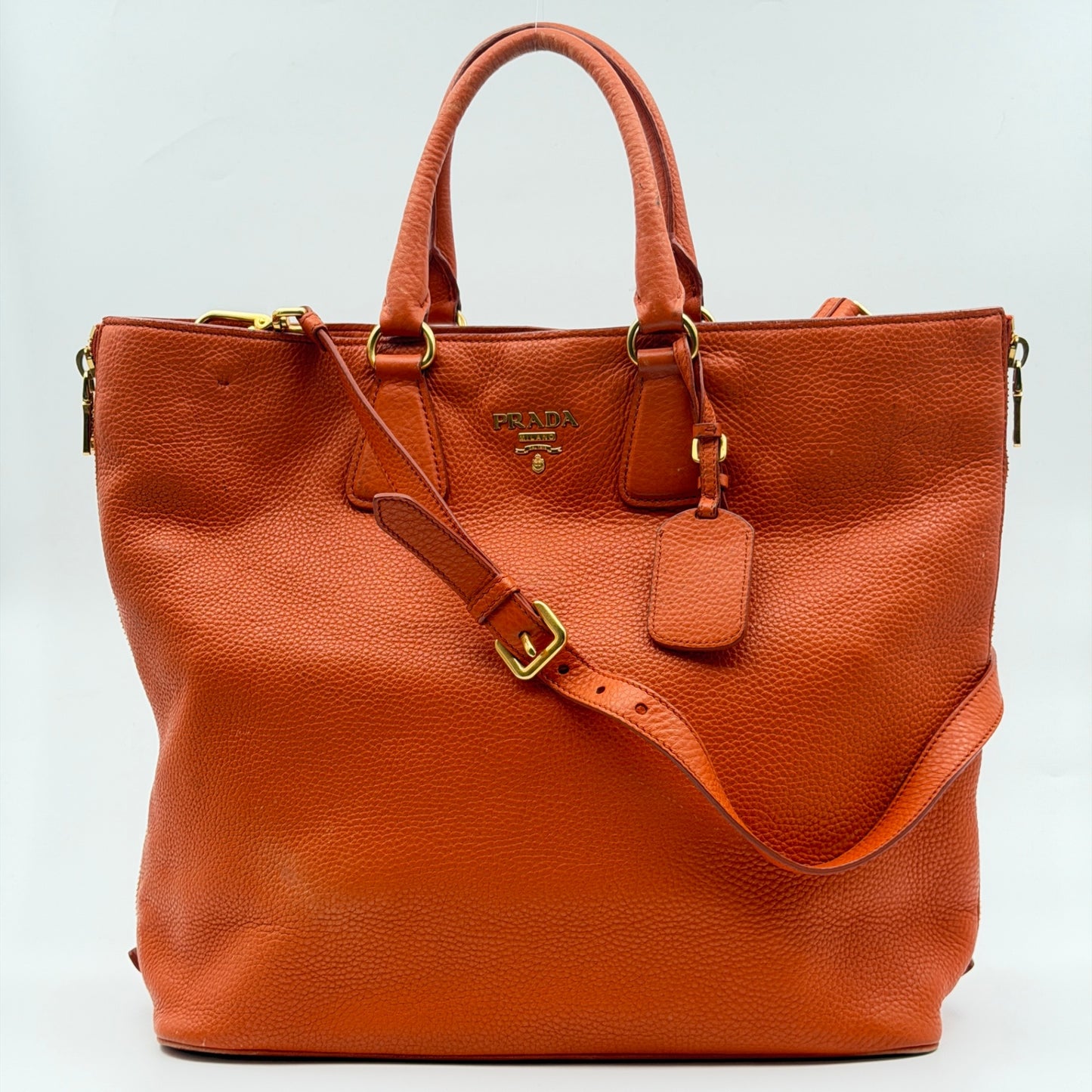 Pre-Owned Orange Grained Leather Crossbody Shopper Tote