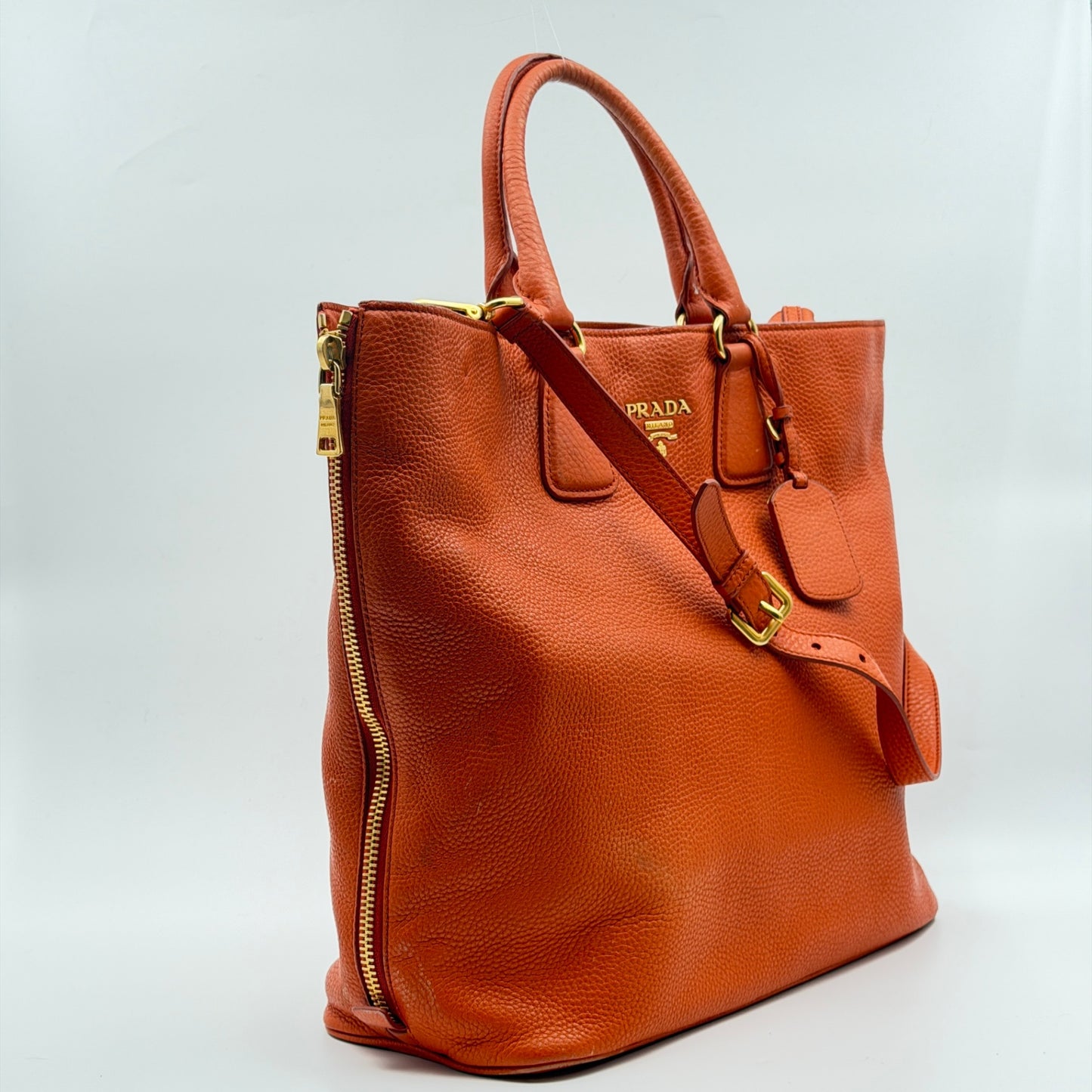 Pre-Owned Orange Grained Leather Crossbody Shopper Tote