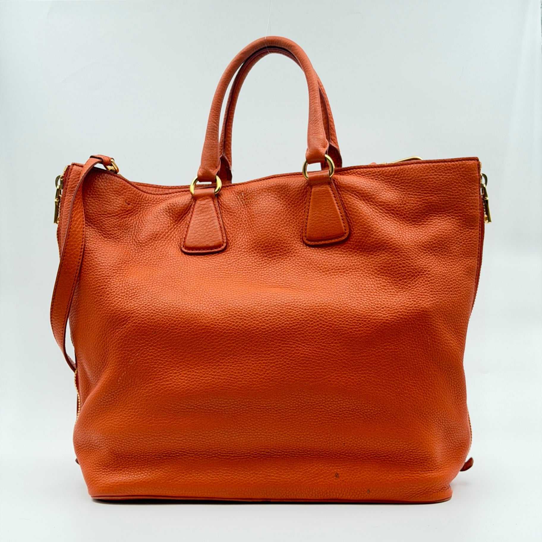 Pre-Owned Orange Grained Leather Crossbody Shopper Tote