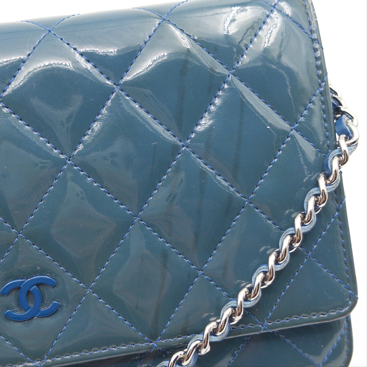 Pre-Owned Blue Patent Leather Wallet on Chain